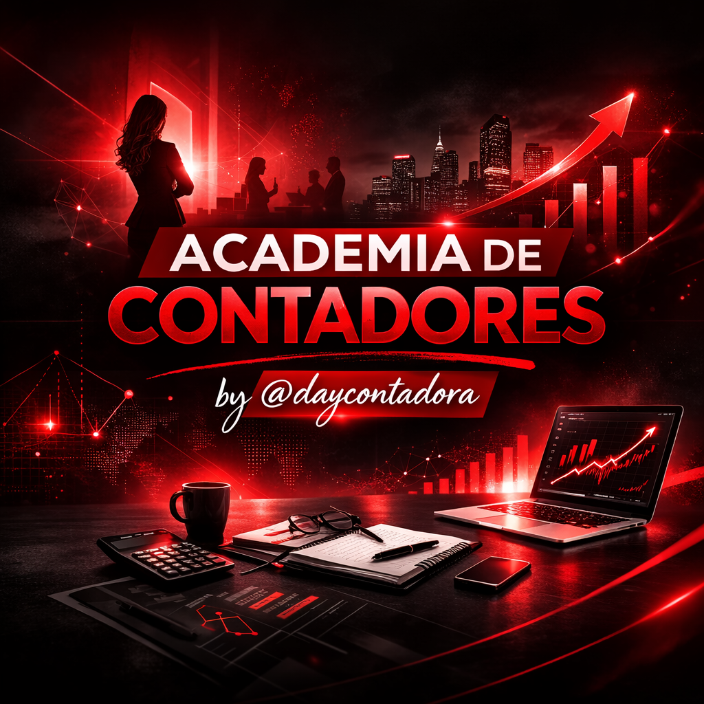 Peça fornecida da comunidade Academia de Contadores, com composição em vermelho, cenário de negócios e assinatura by @daycontadora